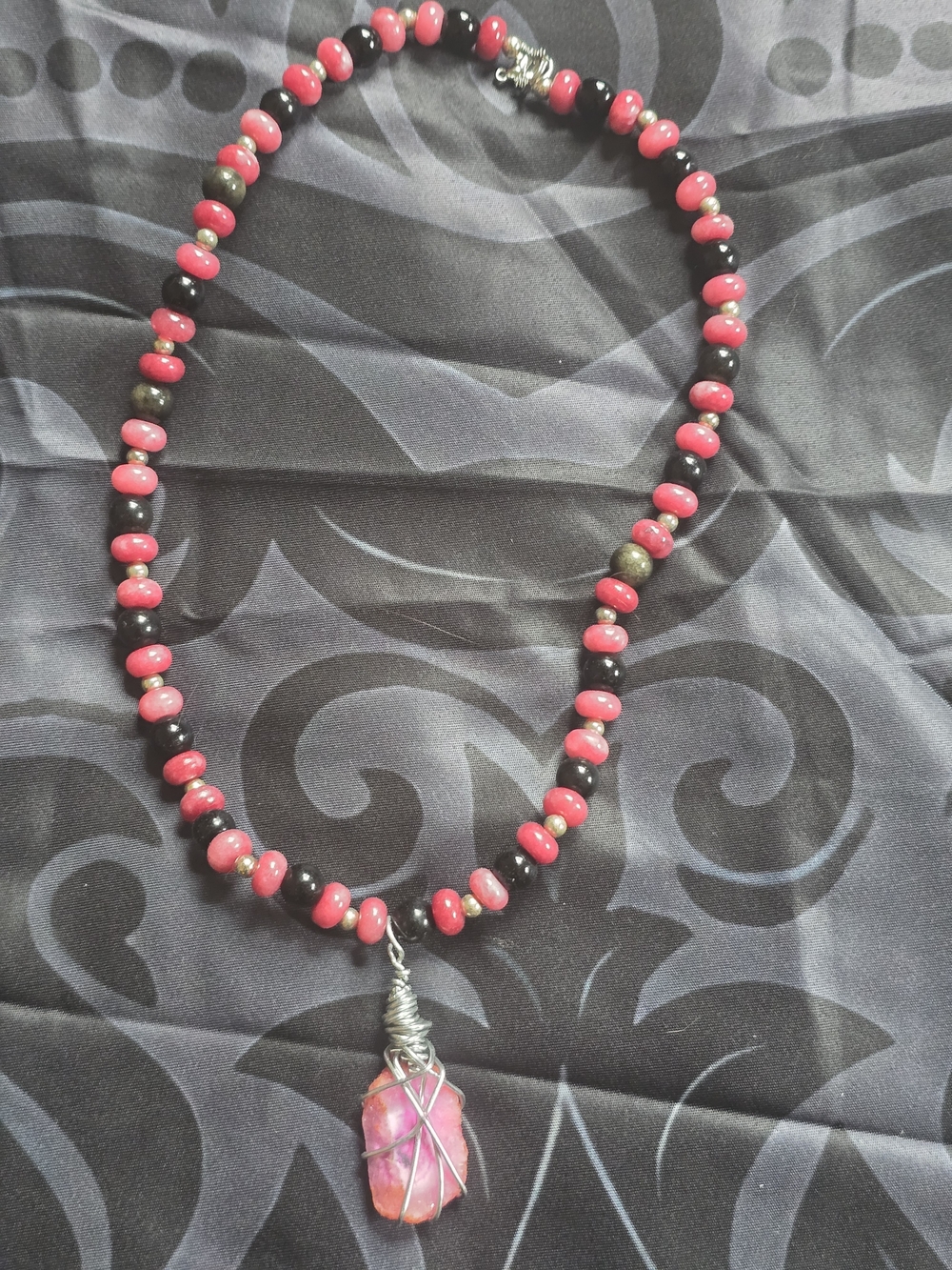 Pink Dyed Stone Bead Necklace with Wire-Wrapped Dyed Pink Quartz Pendant